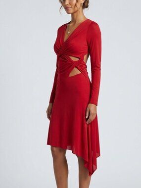 Atlein Plisse Effect Red Long Sleeve V-Neck Layered Wrap Dress sz 2 NWT